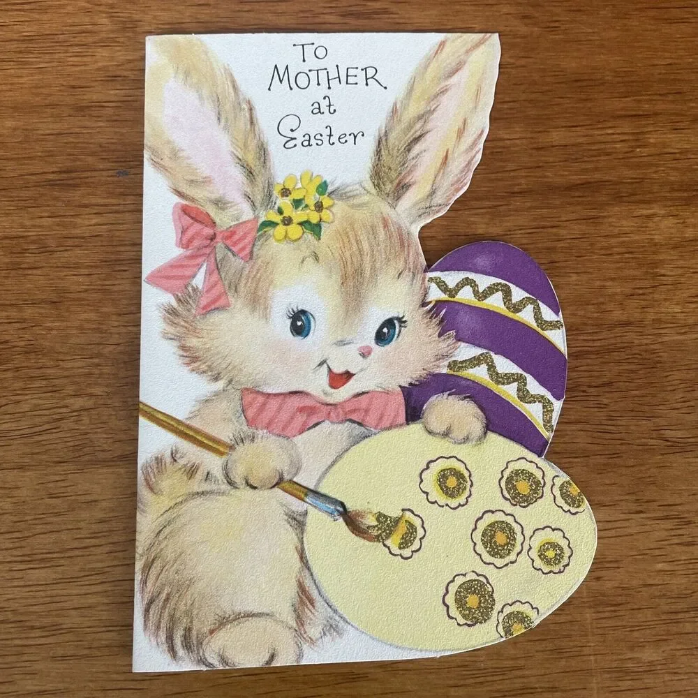 Vtg Stanley Bunny Spring Die Cut Glitter Happy Easter Mother Greeting Card